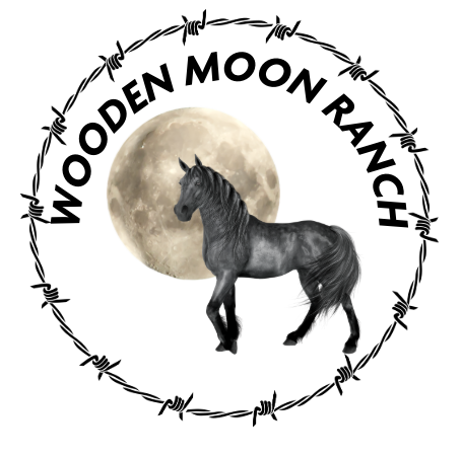 The logo for Wooden Moon Ranch featuring a Morgan horse in front of a full moon with the words "Wooden Moon Ranch" above. All elements are encircled in barbed wire.